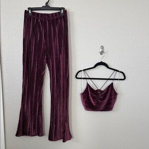 Elegant Purple Velvet Women's Pants & Top Set Small Cropped Flare Night Out